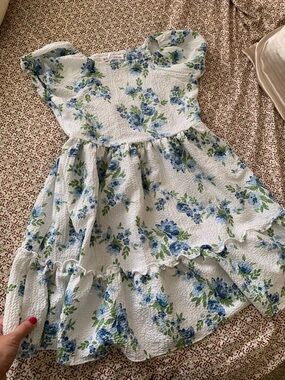 Girls White Floral Ruffle Dress with Blue & Green Print